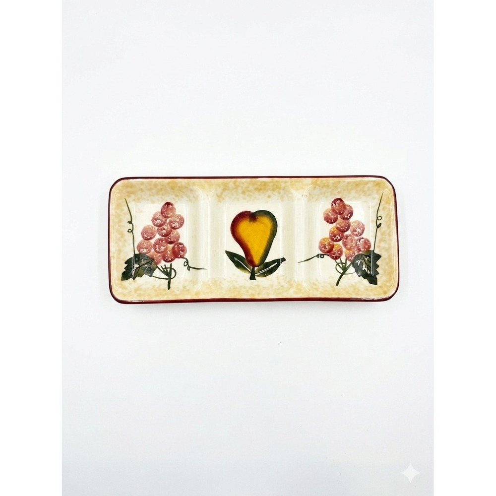 Pier 1 Hand Painted Ceramic Divided Serving Tray Fruit Grapes Pear 3 Section
